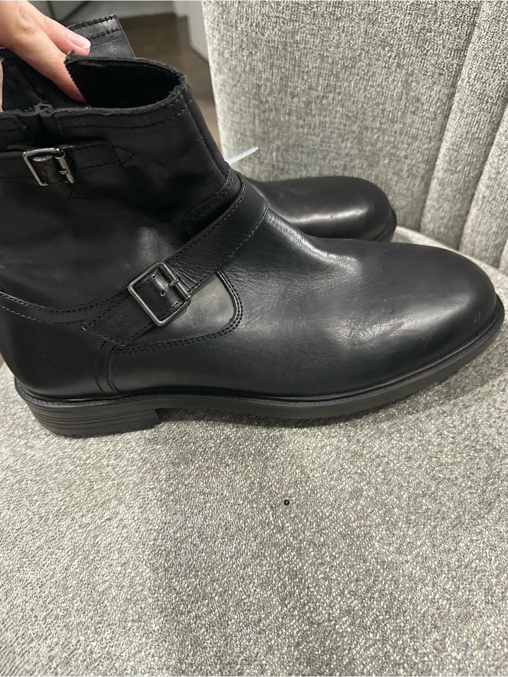 Men's Black Leather Ankle Boots with Buckle Strap
